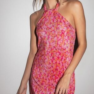 Melody Plisse Halter Mini Dress- Hot Pink